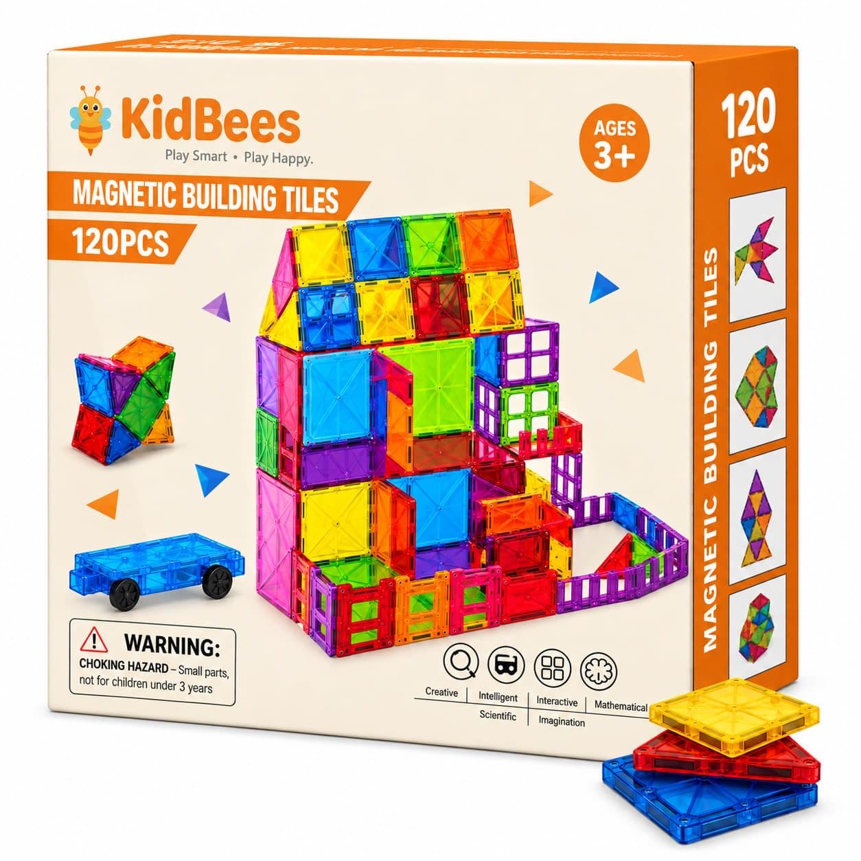 KidBees 120-piece magnetic building tiles box showing a large house with windows and a fence