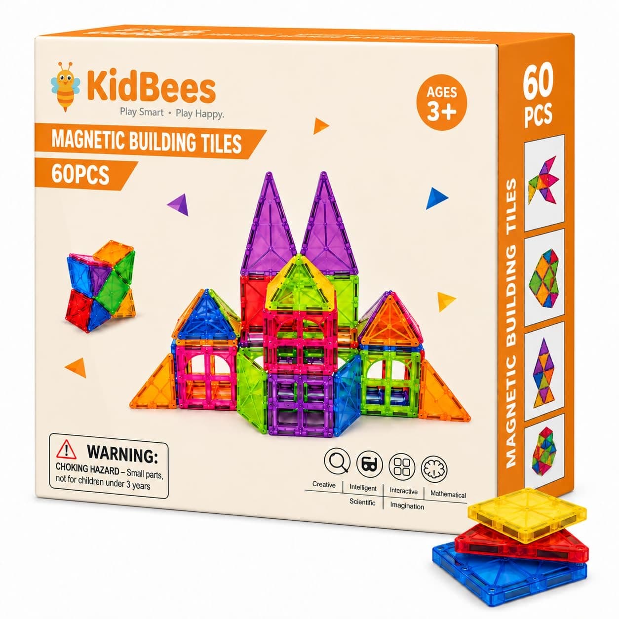 KidBees 60-piece magnetic building tiles box showing a castle built from the tiles