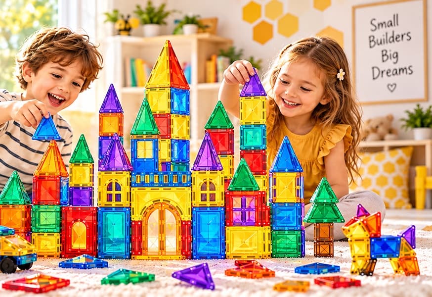 Two children building a colorful castle with KidBees 120-piece magnetic building tiles in a bright playroom