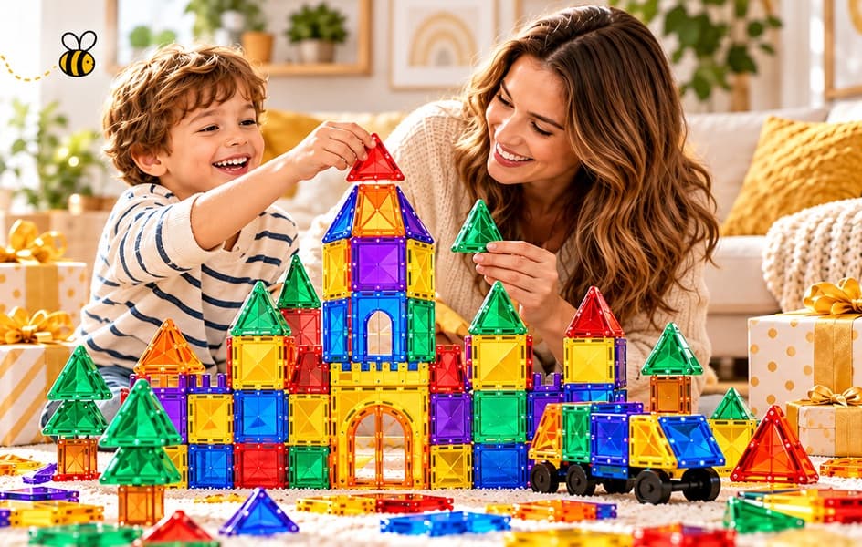 A mother and son building a magnetic tile castle next to wrapped gifts