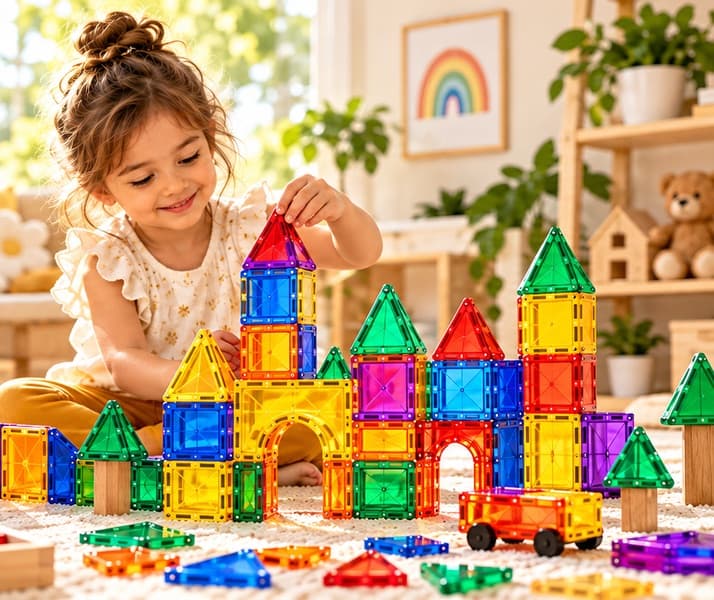 A young girl building a colorful magnetic tile castle on a playroom rug