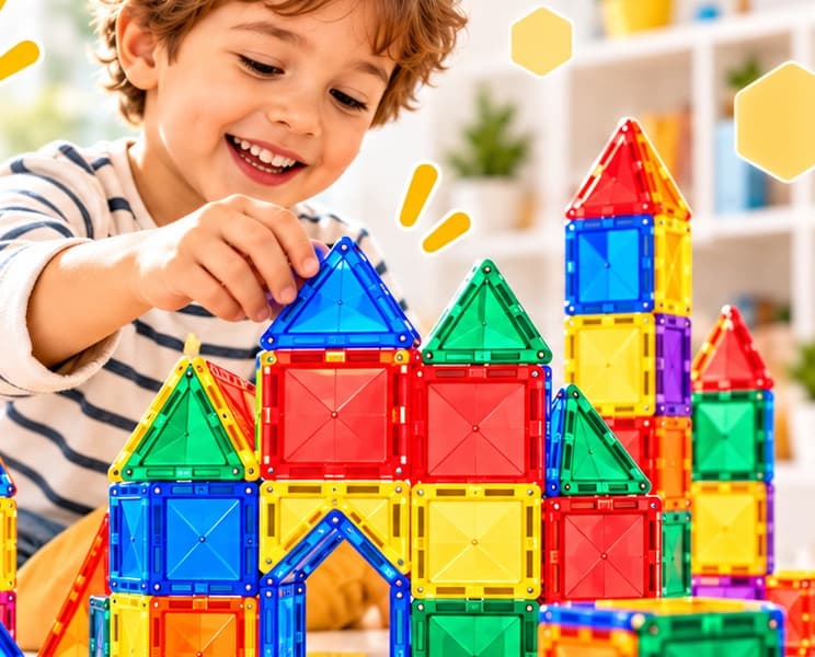 A smiling boy adding a triangle tile to a colorful magnetic tile building
